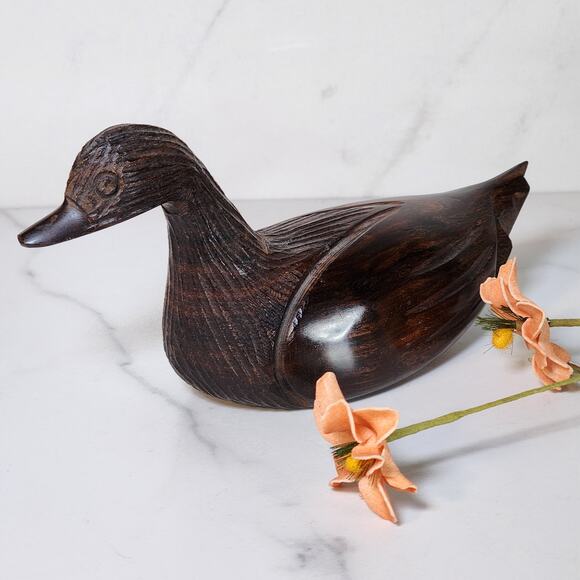 Rustic Wooden Duck Decoy Statue - Vintage Hand Carved Figurine 6x3 - Picture 2 of 10
